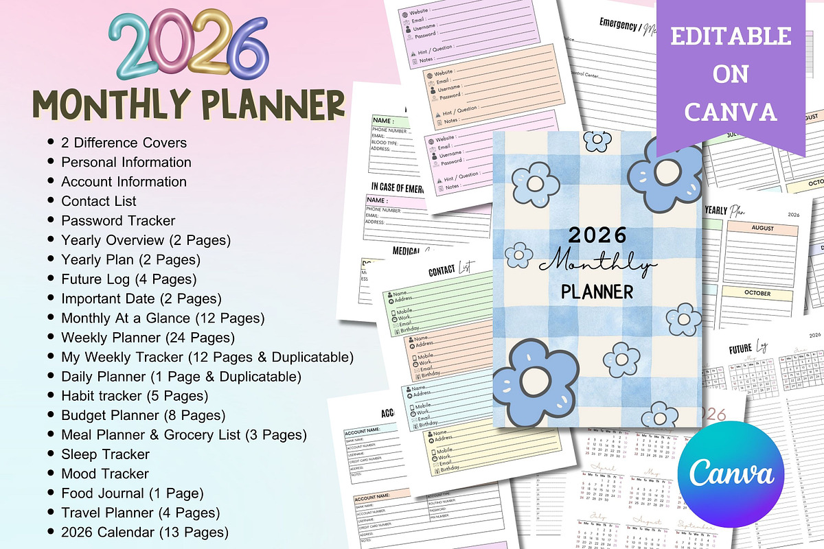 2026 Monthly Planner-Canva Template, a Templates & Theme by Adalin Shop (Photo 1 of 12)
