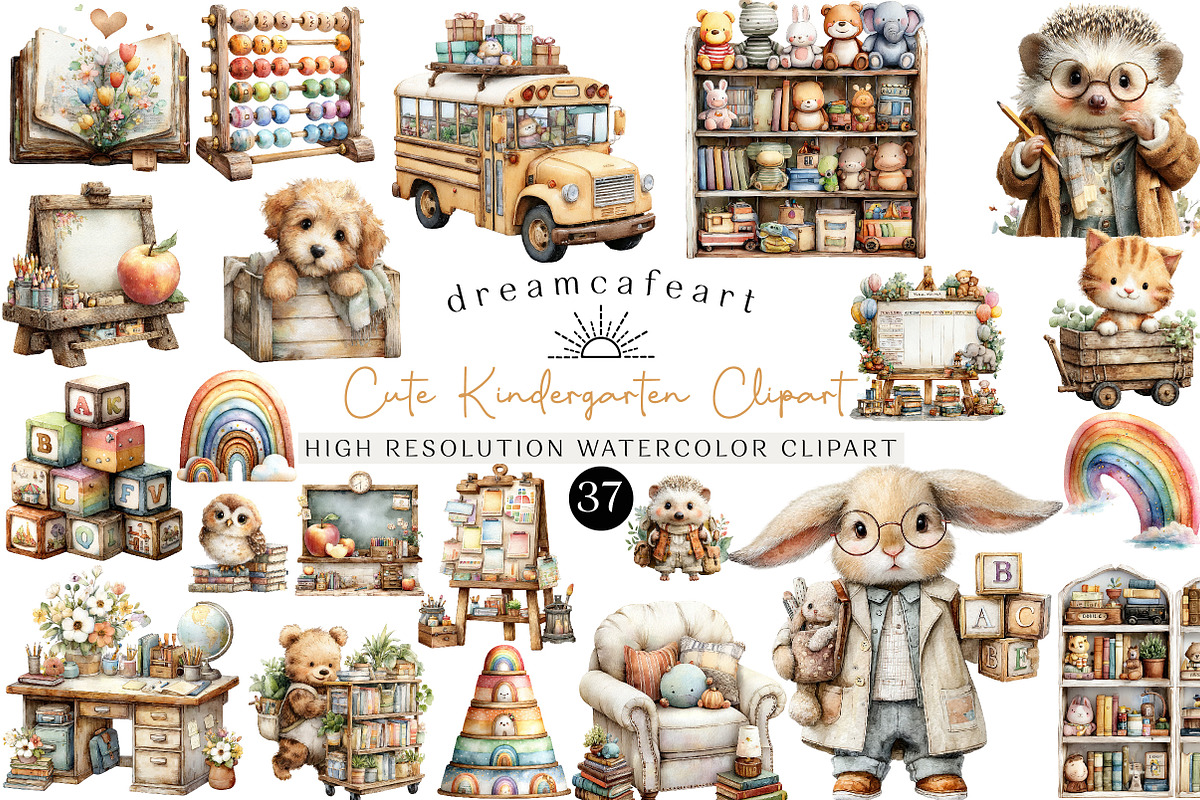 Cute Kindergarten Watercolor Clipart, an Illustration by DreamCafeArt (Photo 1 of 6)