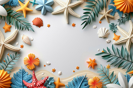 Vibrant Summer Banner with Starfish, Shells, and Tropical Leaves on Sandy Backg, a Photo by AS photostudio