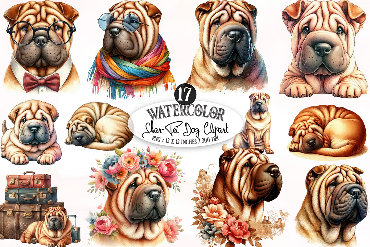 Shar-Pei Dog Watercolor Clipart, an Illustration by Designking (Photo 1 of 4)