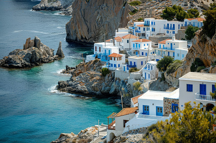 A picturesque coastal village featur, a Photo by Tanuart