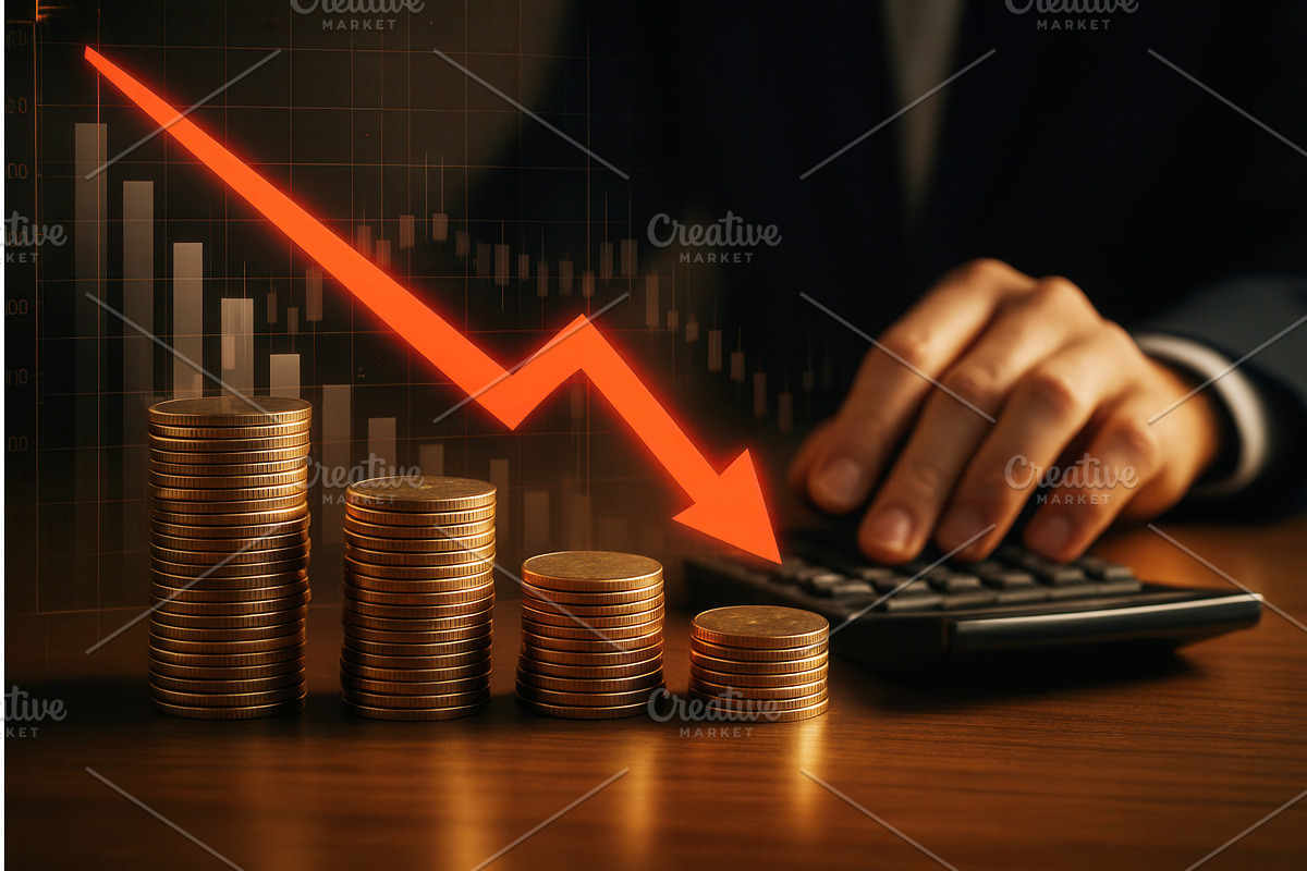 A downward red arrow over stacks of, an Object Illustration by Sergey Kotenev