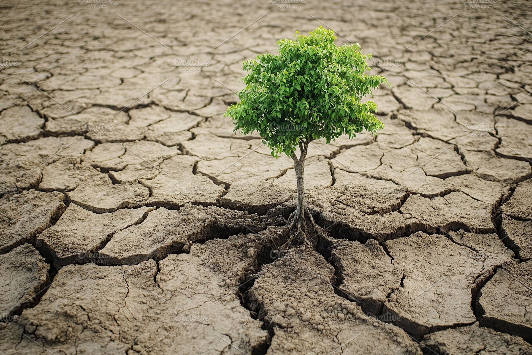 Green tree growing from arid soil, global warming, a Photo by AlyaAnd