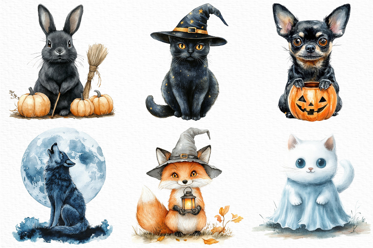 Watercolor Halloween Animals Clipart, an Illustration by Craft Nest (Photo 2 of 6)