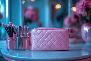 Modern cosmetic bag and cosmetics on small round table, a Beauty & Fashion Photo by AlyaAnd