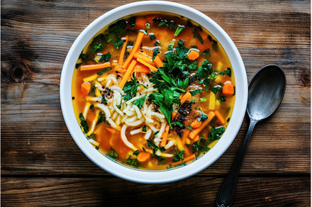 A bowl of noodle soup with, a Food & Drink Photo by Sergey Kotenev