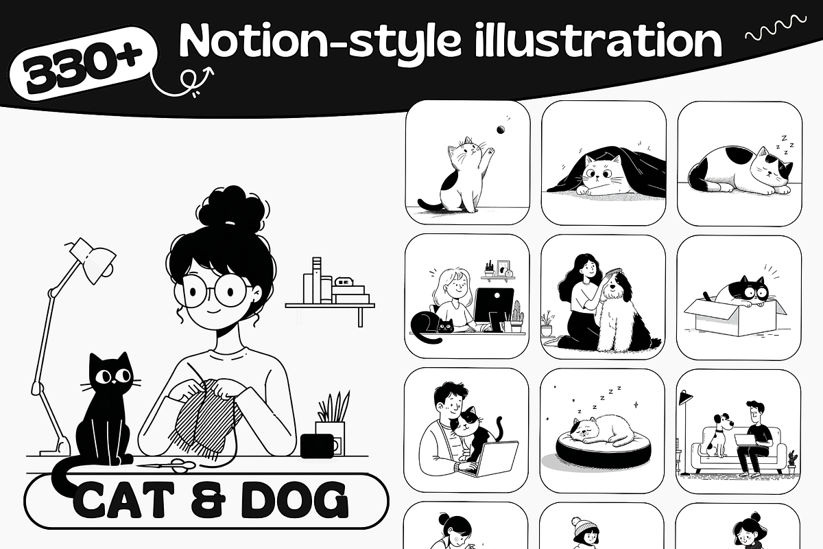Notion style Cat & Dog Illustrations, an Animal Illustration by DaisyStudio (Photo 1 of 10)