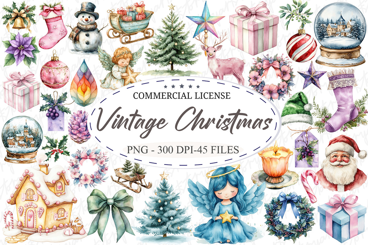 Pastel Vintage Christmas Clipart, an Illustration by designcity5 (Photo 1 of 5)