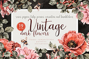 Dark vintage flowers and bees set, an Illustration by Alamella (Thumbnail 1 of 9)