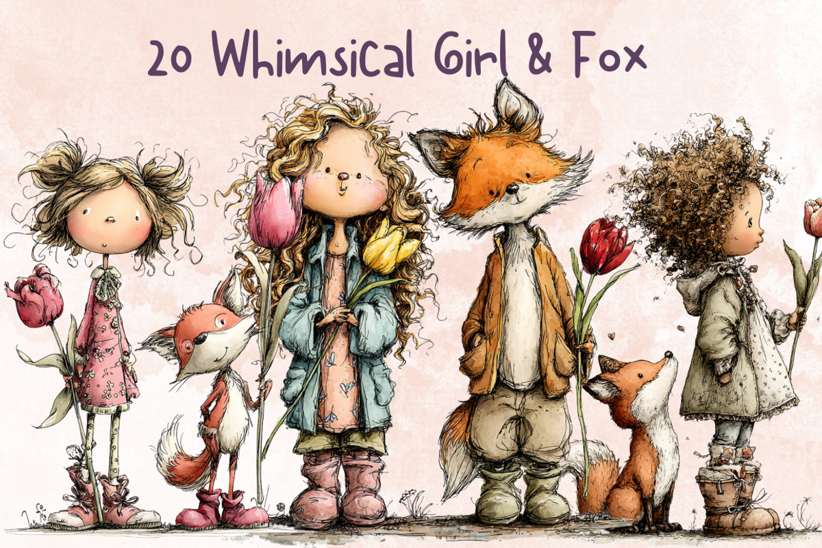 Whimsical Floral Girl & Fox Clipart, an Animal Illustration by GiraffeCreative (Photo 1 of 20)