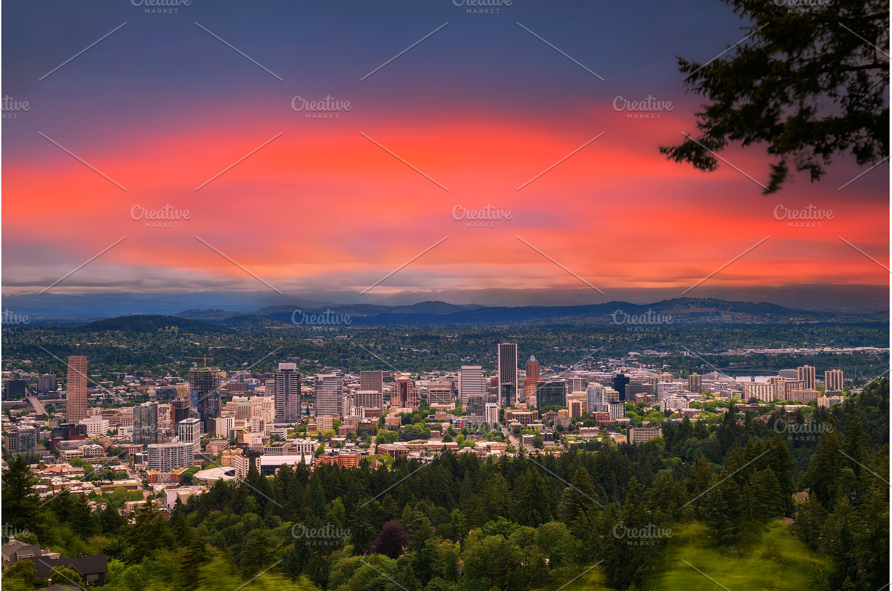 Sunset over skyline of Portland, an Architecture Photo by Nick Fox