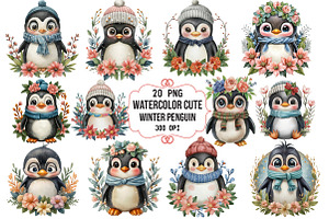 Watercolor Winter Penguin Flower, an Illustration by CraftArtStudio