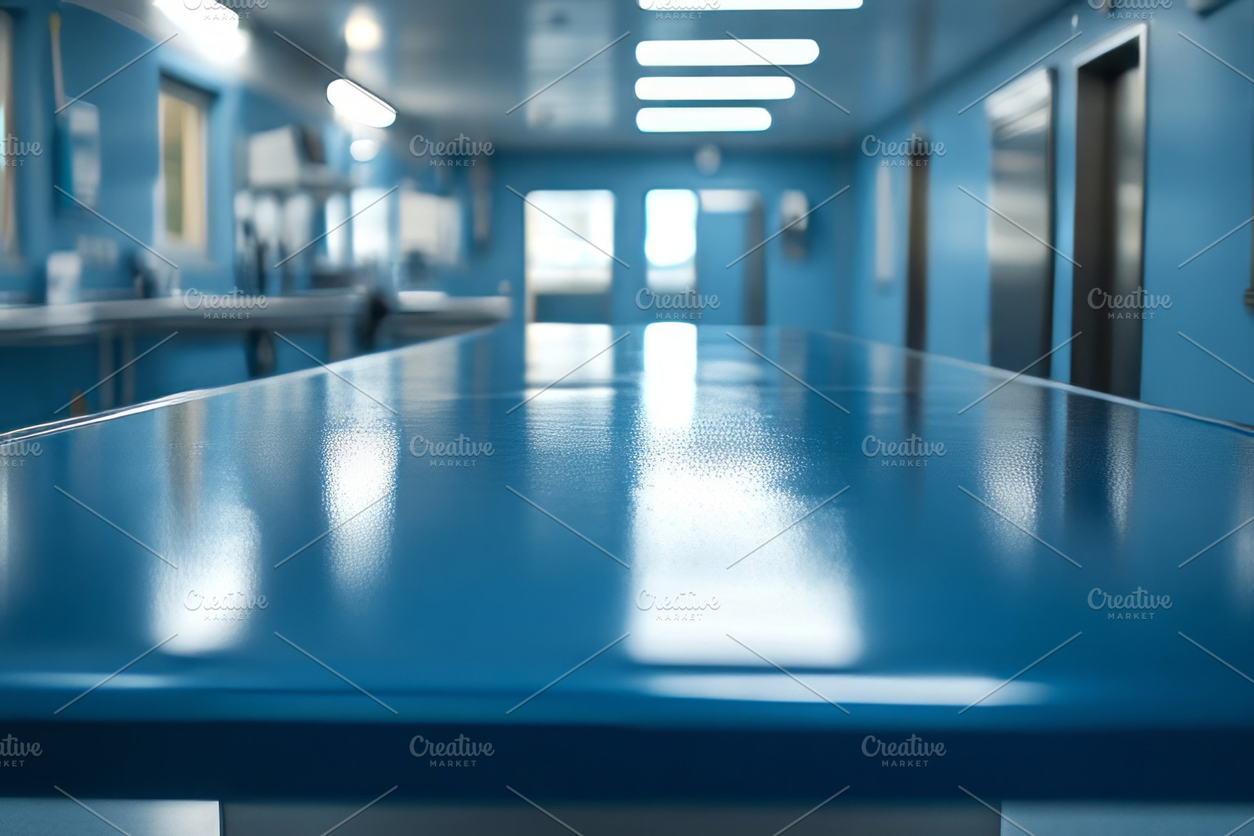 A sleek, reflective blue table dominates a modern kitchen environment, highligh, a Background Photo by ImageMir