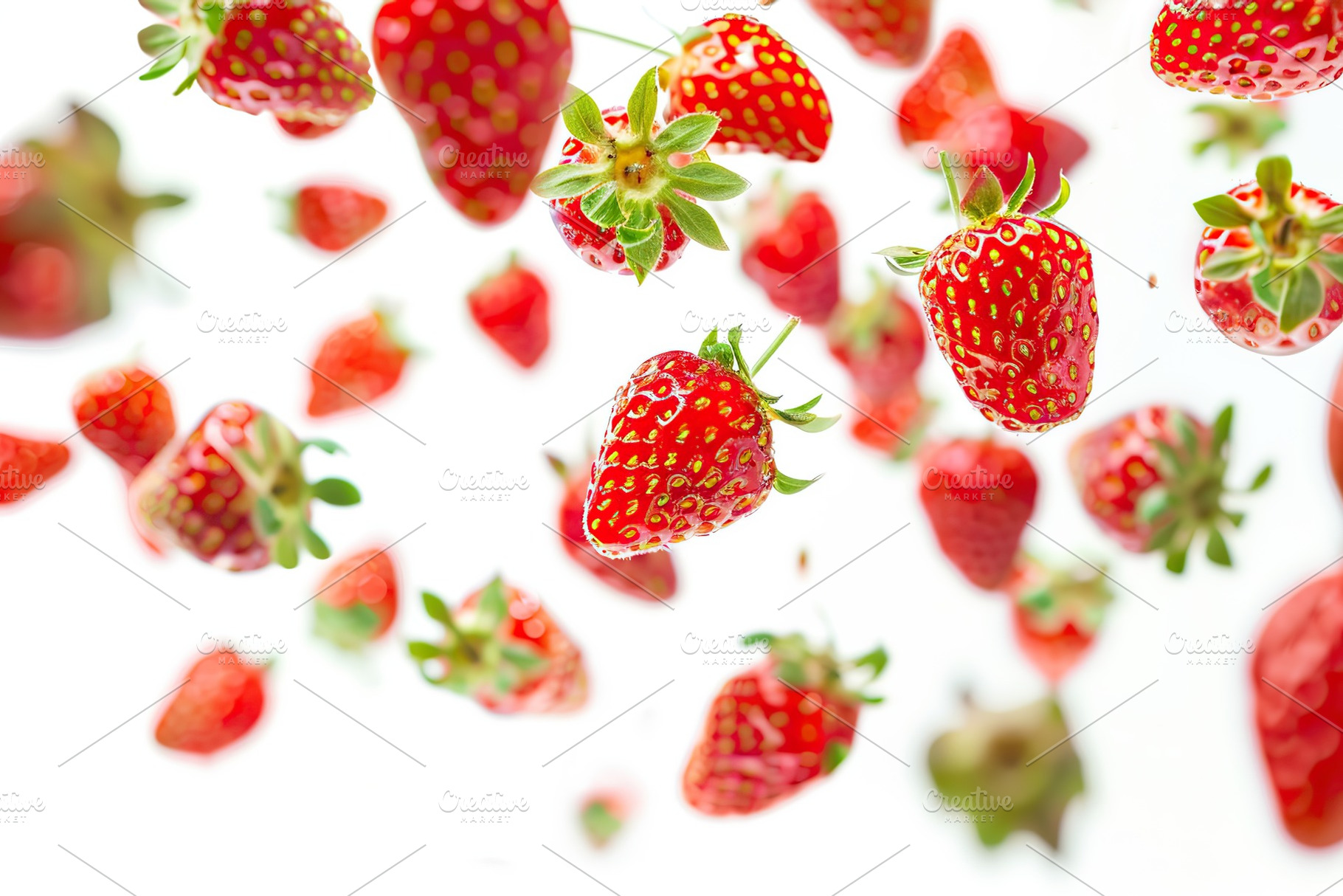 Ripe strawberries flying in the air on white background, a Food & Drink Photo by AlyaAnd
