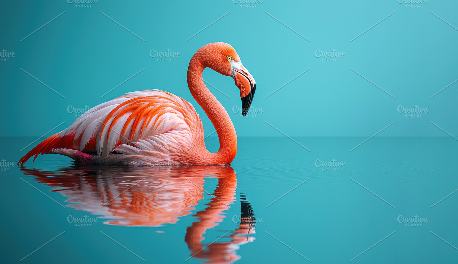 Vibrant pink flamingo floating on turquoise water with clear ref, an Animal Photo by José Manuel Gelpi