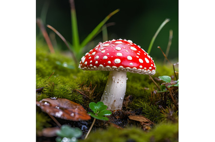 Dew-covered fly agaric mushroom