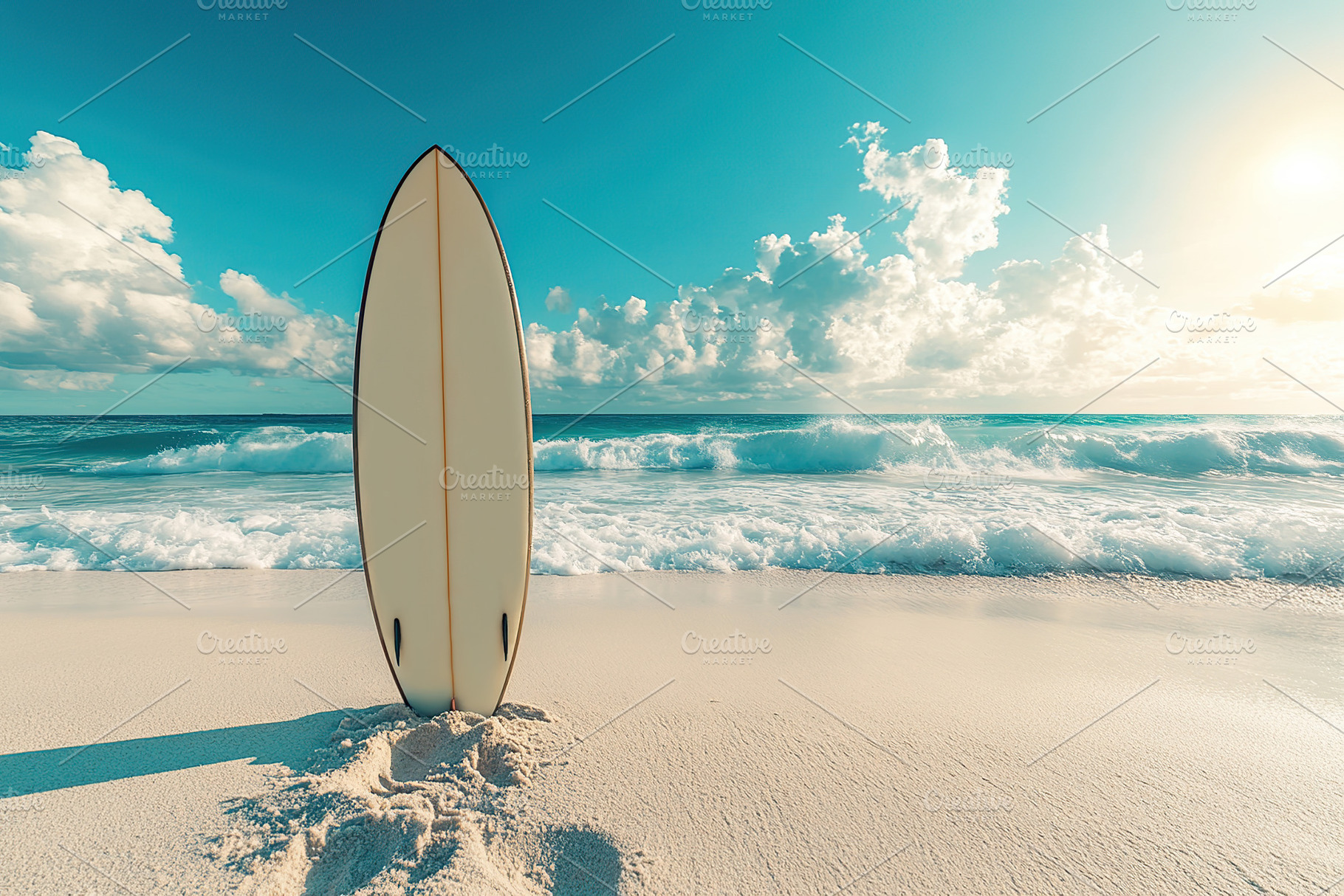 Surfboard stands proudly on the white beach against clear blue skies and rollin, an Arts & Entertainment Photo by AlyaAnd