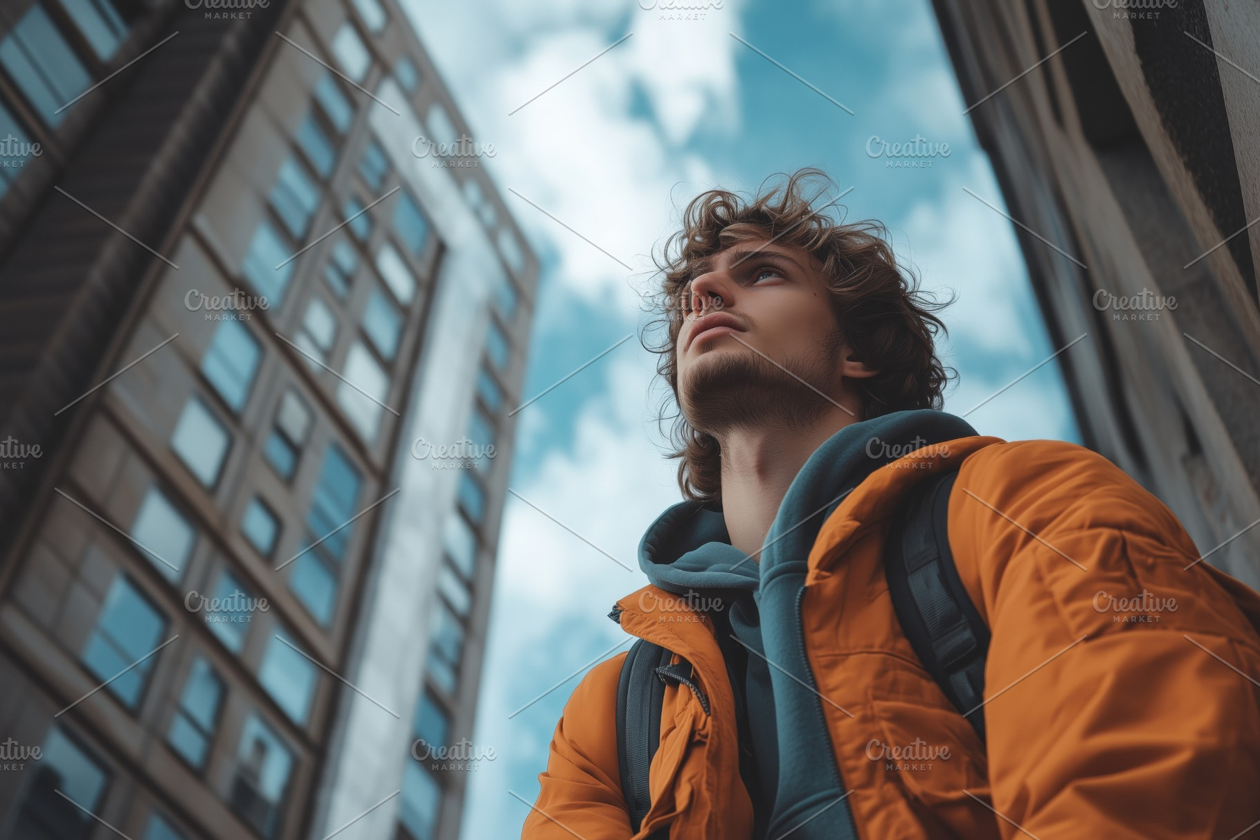 A young man in an orange jacket and blue hoodie gazes upwards in an urban setti, a Person Photo by Textures & Backgrounds