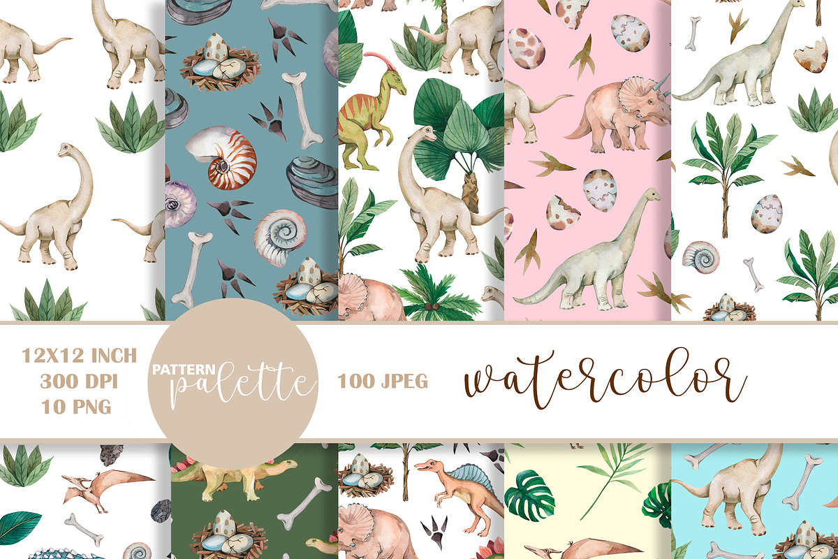Watercolor Dinosaur Patterns PNG, a Pattern Graphic by PatternPalette (Photo 1 of 11)