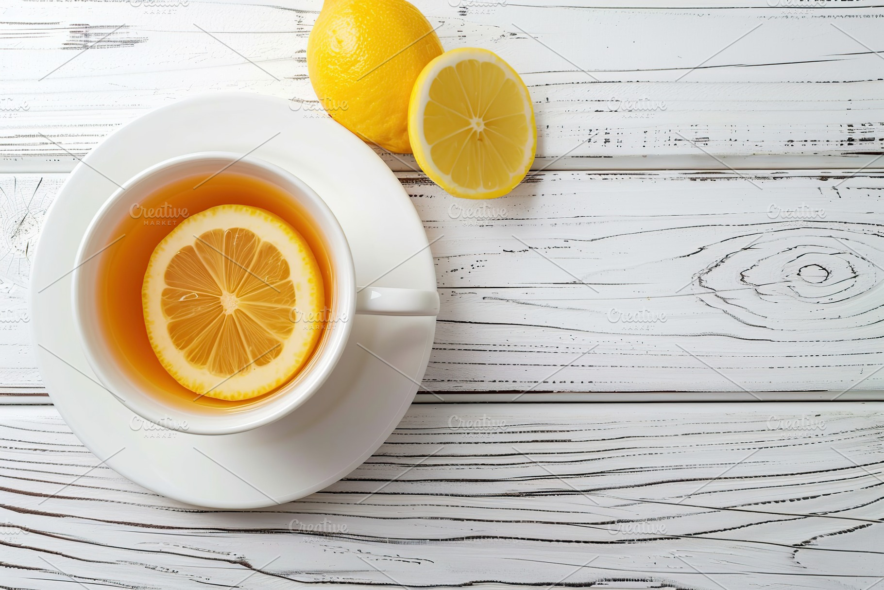 White cup of aromatic tea with lemon sliced on white wooden background, a Food & Drink Photo by AlyaAnd