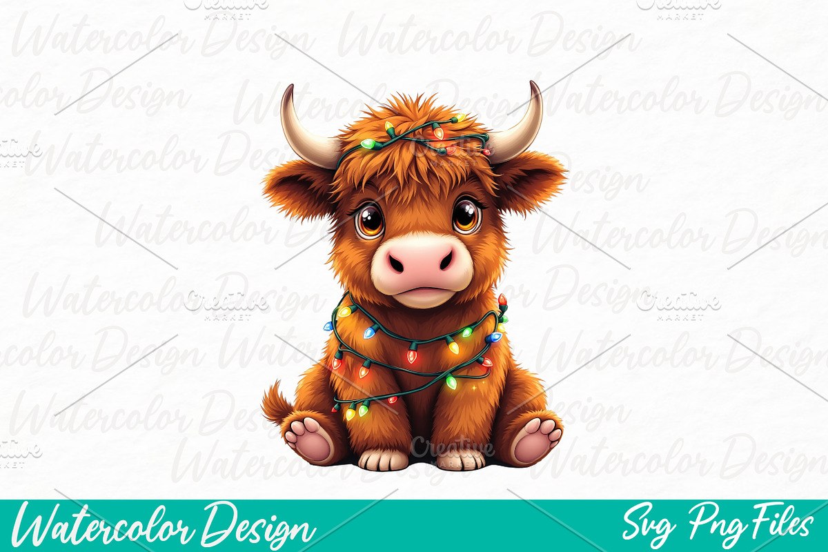 Cute Highland Cow with Christmas, an Illustration by Watercolor design (Photo 1 of 3)