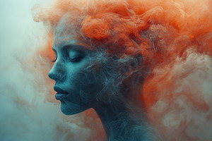 Woman's profile shrouded in blue and orange smoke showcasing artistic expressio, a Beauty & Fashion Photo by AlyaAnd