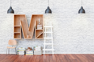 Bookshelf featuring chair, decoration, and brick