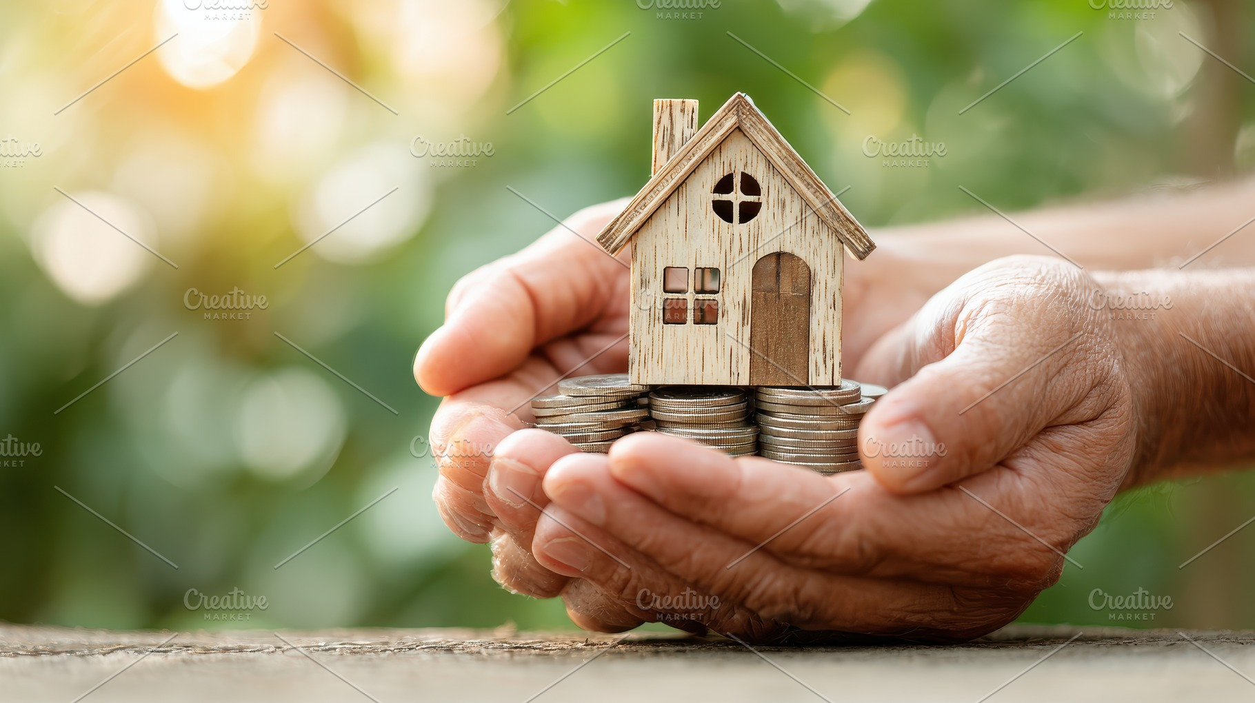Hands holding house model and coins, a Photo by Pixeness Studio