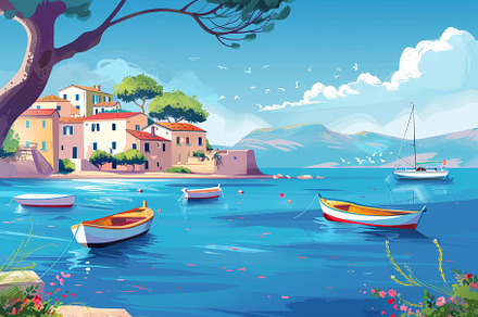 A picturesque coastal village featur, a Photo by Tanuart