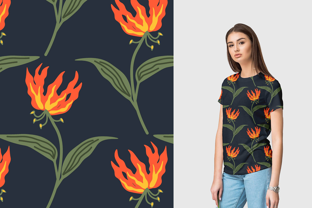 Seamless flame lily, a Pattern Graphic by elyomys (Photo 2 of 3)