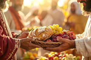 Basket of fresh bread and fruit at a sunny market
