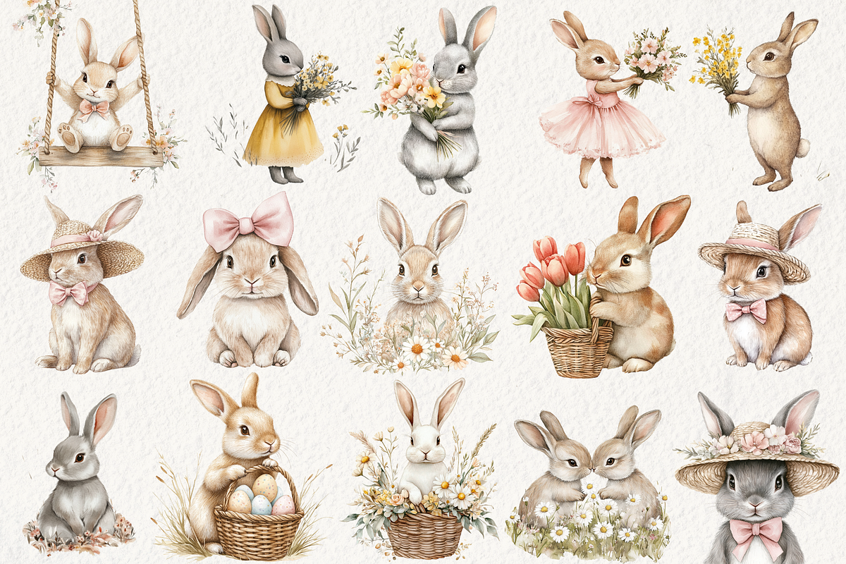 Easter Bunny Floral Clipart, an Illustration by NadiaTheronArt (Photo 3 of 4)