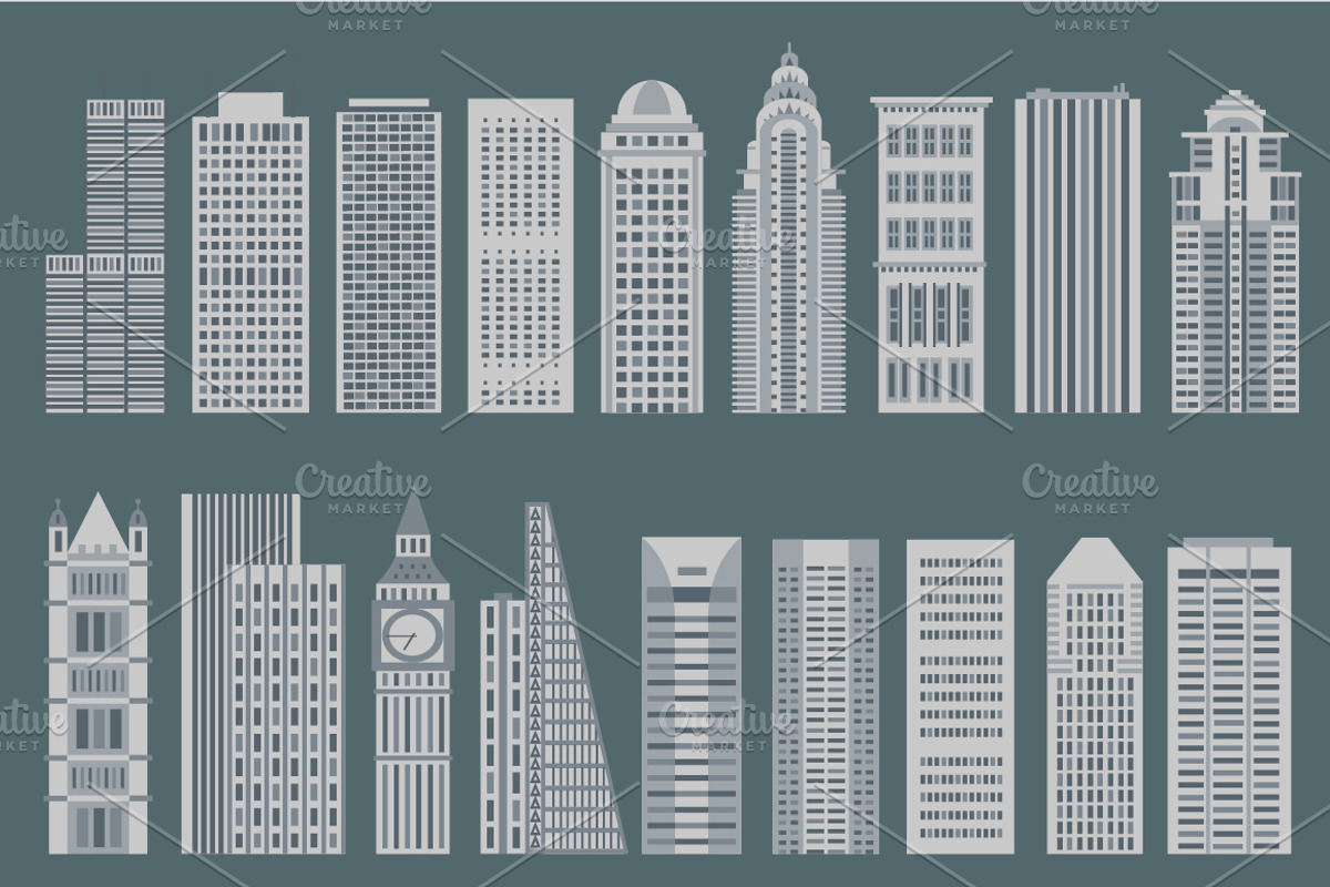 50 vector buildings in flat style, an Object Graphic by Store for animators