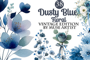 Watercolor Dusty Blue Floral Clipart, an Illustration by DreamArtGraphic
