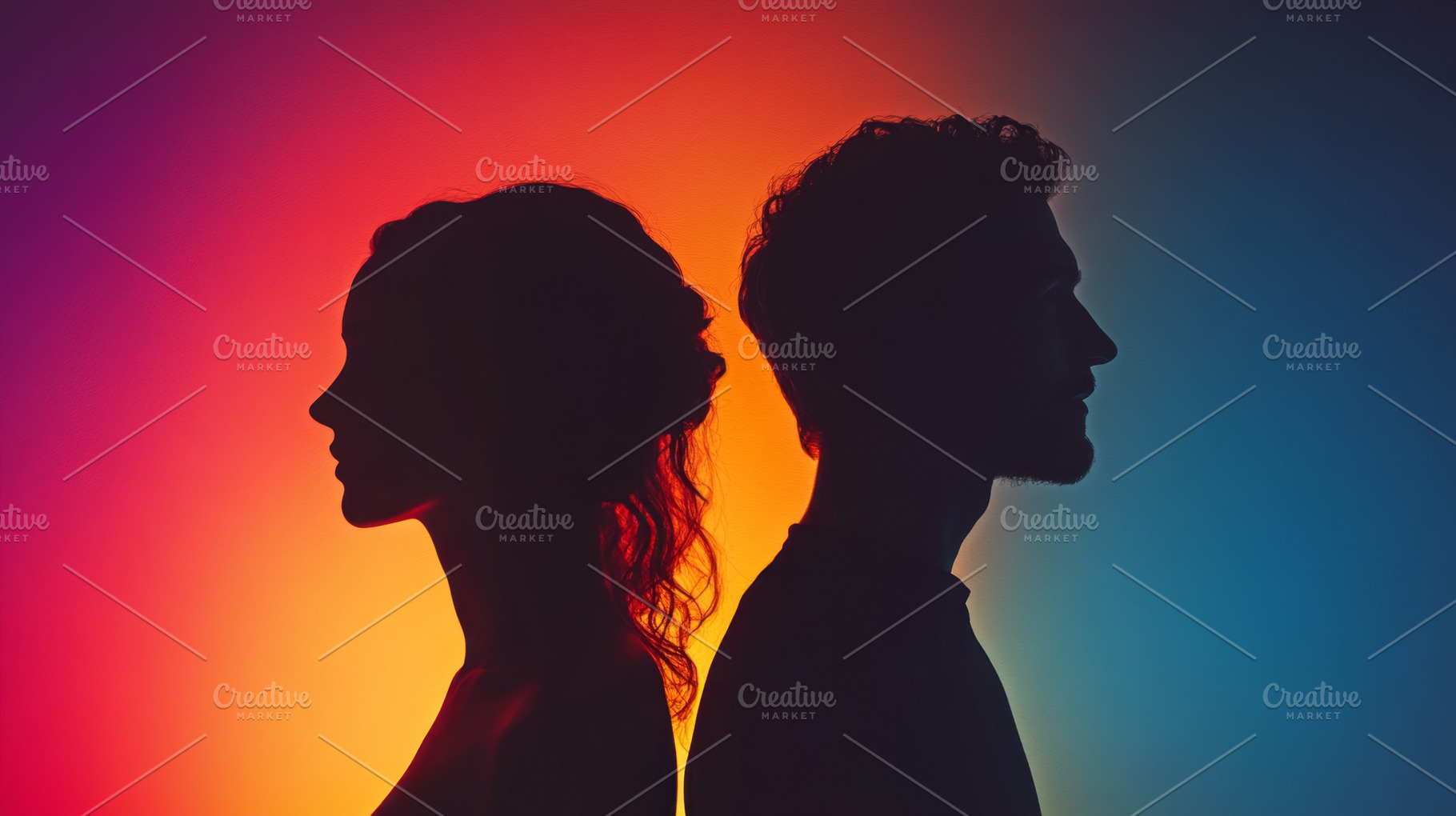 Silhouetted Man and Woman Back to Back with Vibrant Lighting, an Abstract Photo by Natalia Klenova's Shop
