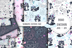 Cute Raccoon Seamless Patterns Set