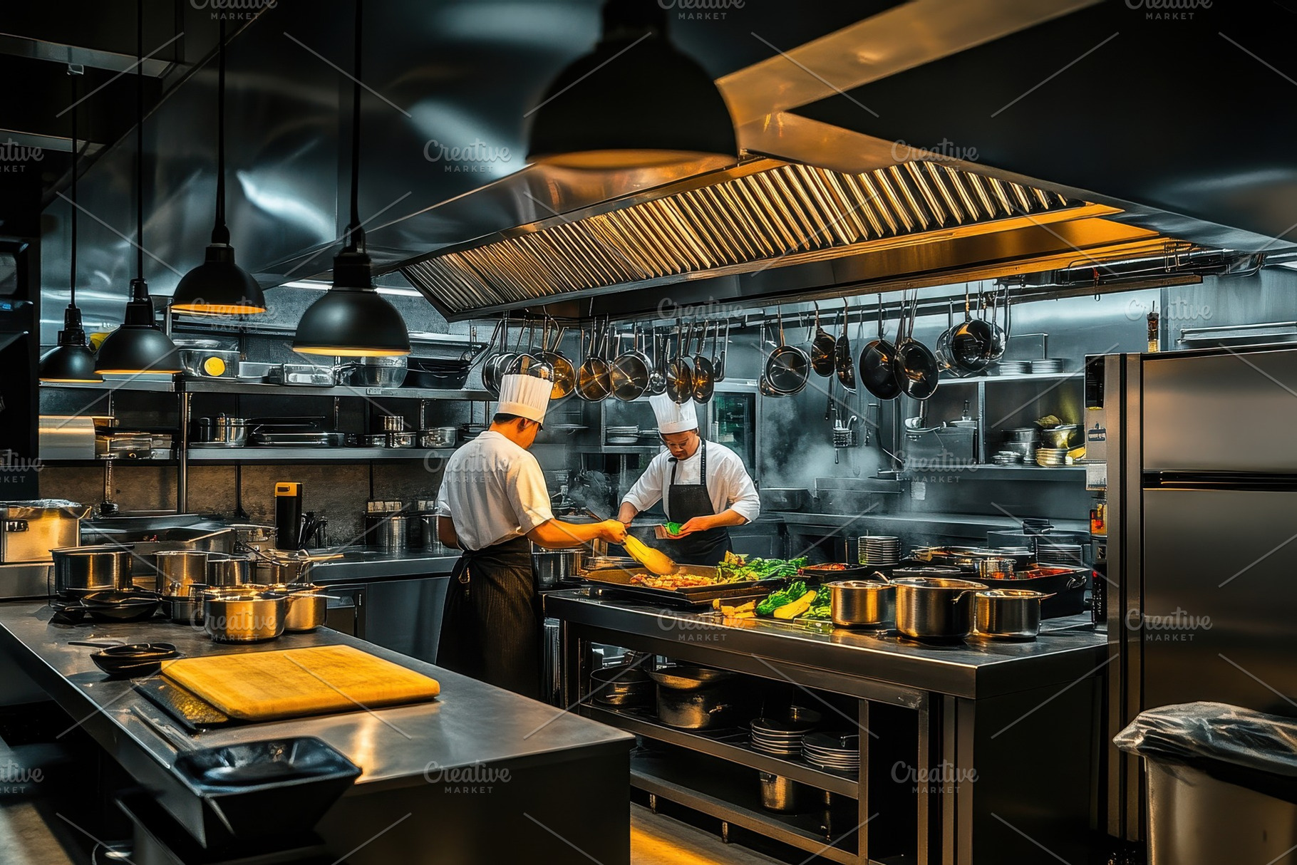 Restaurant kitchen with chefs, a Photo by Pavel_design