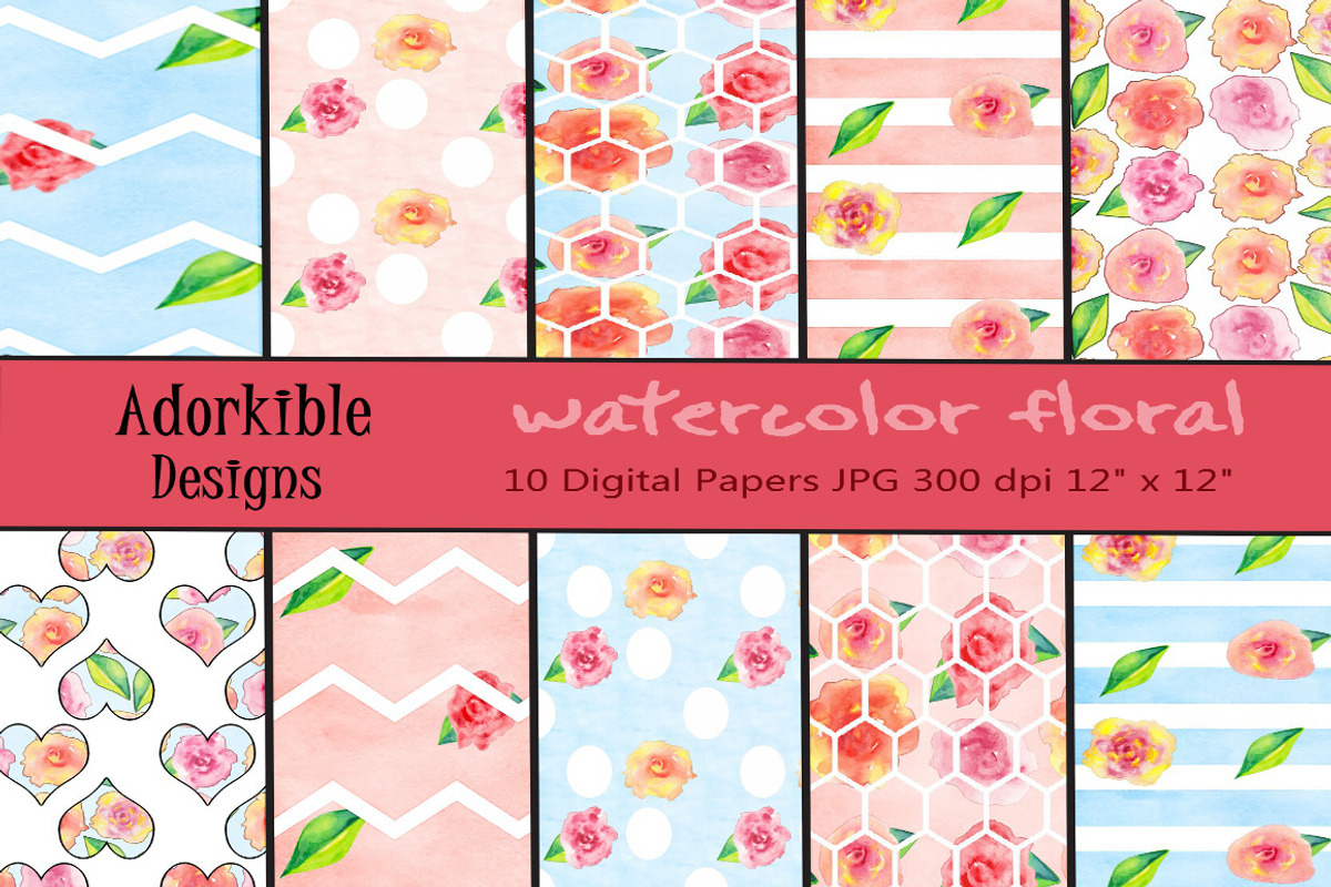 Watercolor Floral Digital Papers, a Pattern Graphic by adorkible (Photo 1 of 3)