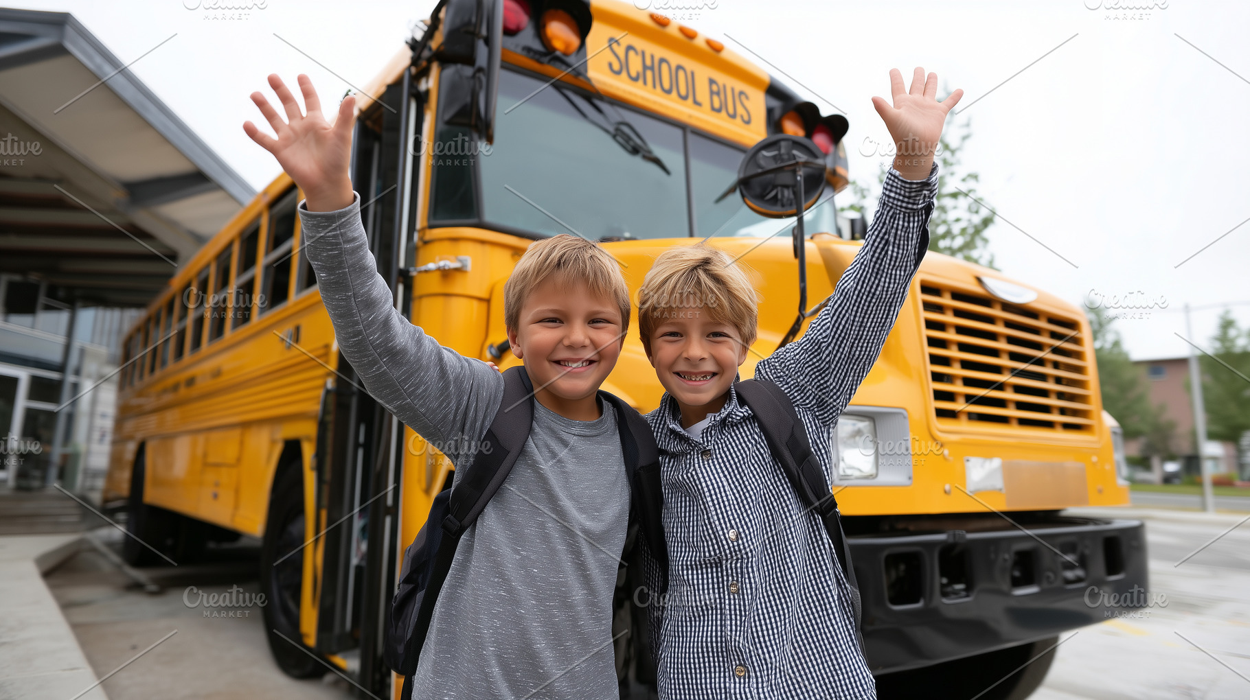 Two cheerful boys with backpacks, a School & Education Photo by MistyDay