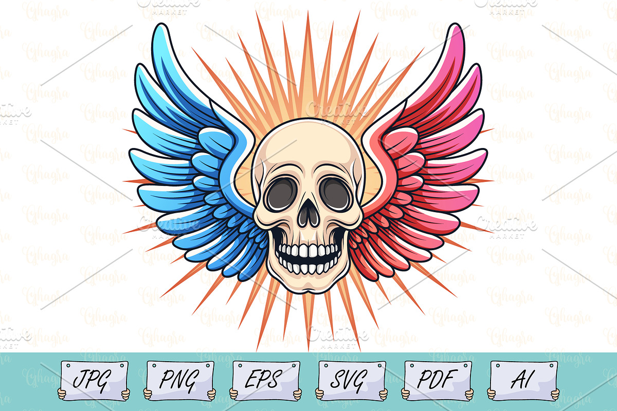 Skull with Red and Blue Wings Vector, a Decorative Illustration by Ghagra (Photo 1 of 3)