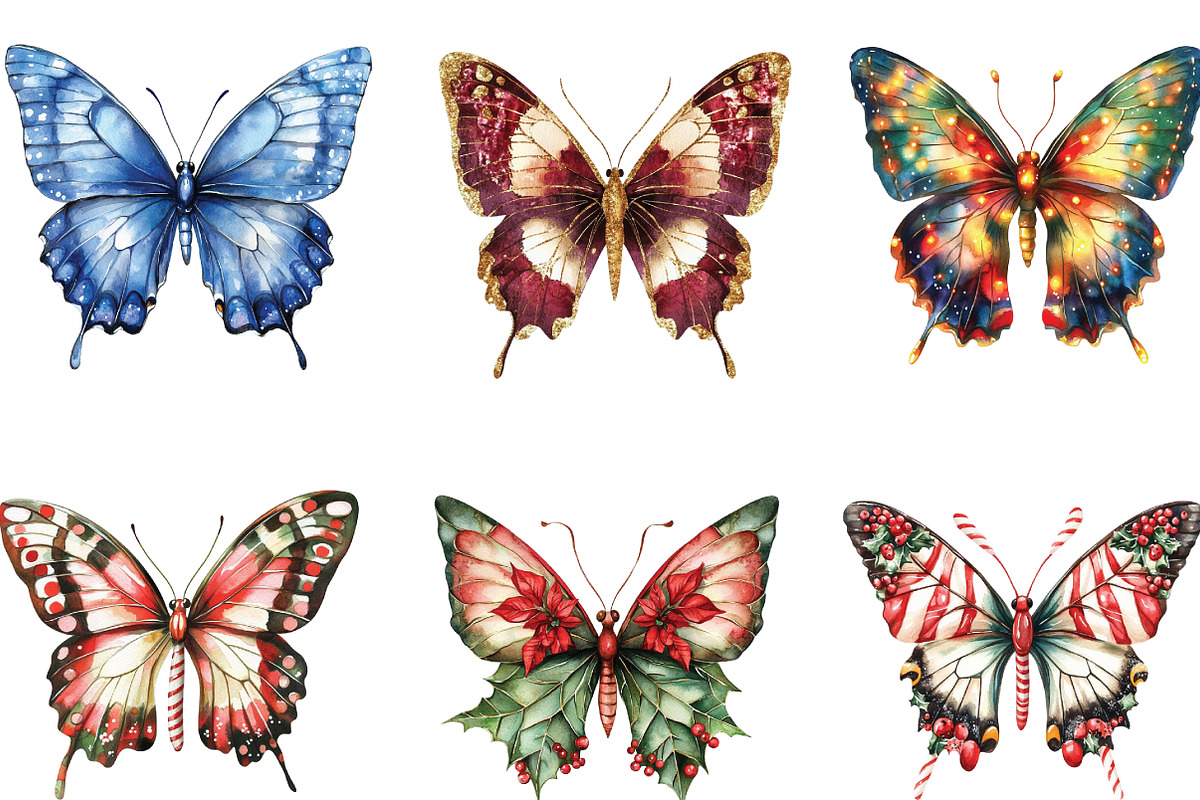Watercolor Christmas Butterfly Clipa, an Illustration by CraftArtStudio (Photo 3 of 6)
