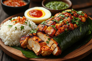 Grilled chicken served with rice and, a Photo by Tanuart