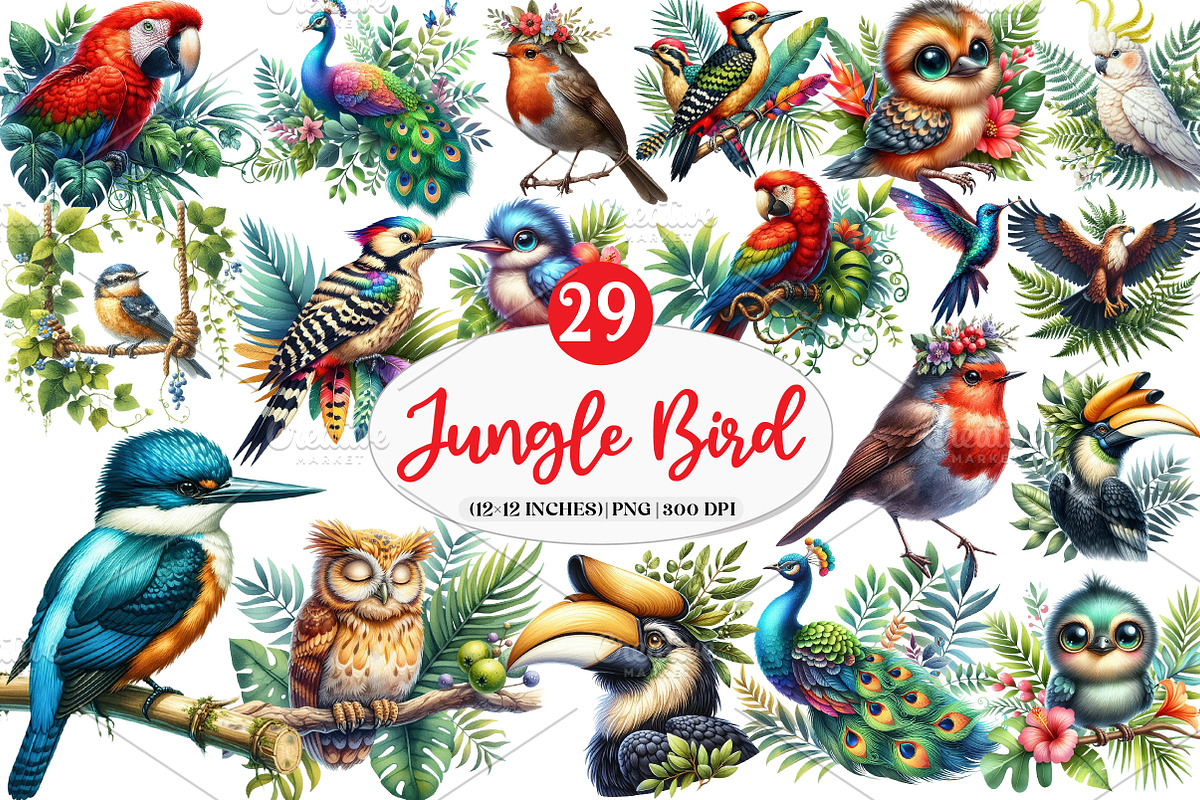 Tropical Bird Png, Jungle Birds png, an Illustration by Watercolor design (Photo 1 of 4)