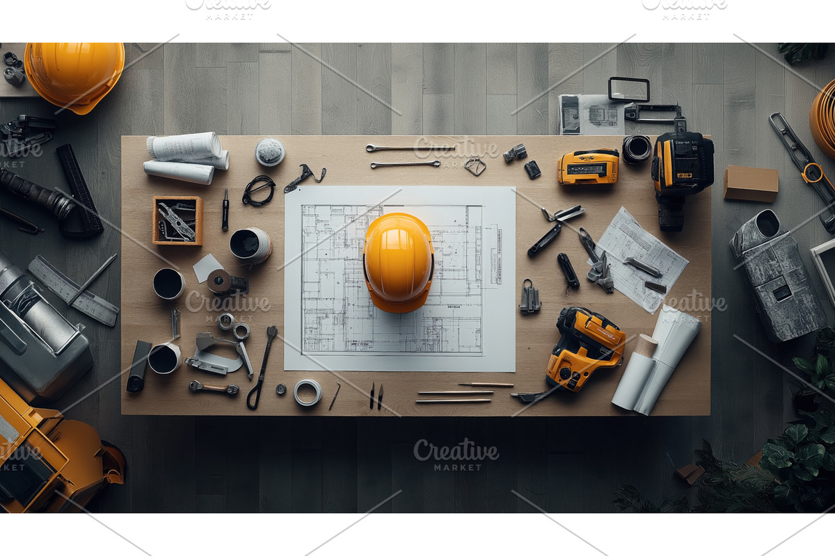 Top view of a construction workspace, an Illustration by Sergey Kotenev