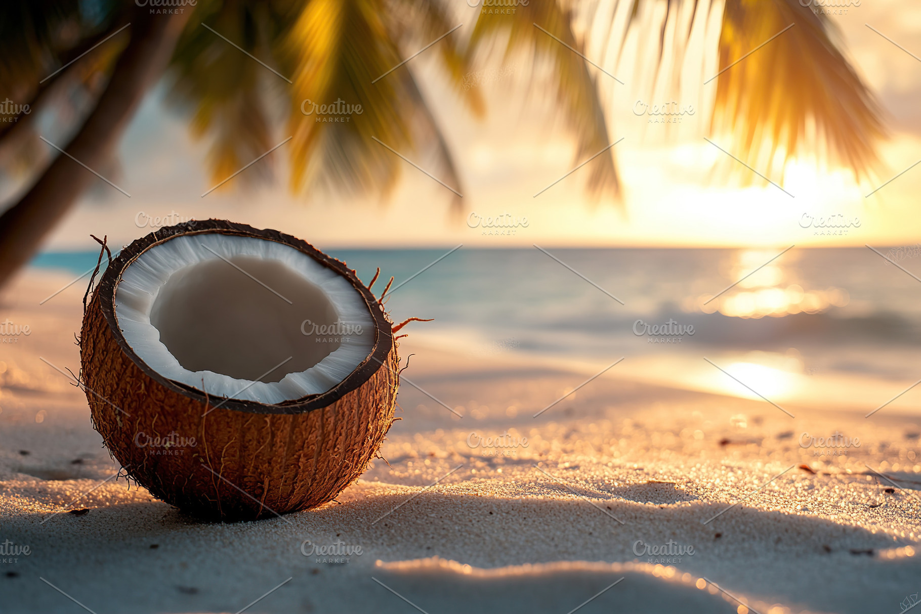 Fresh coconut on sandy beach on seaside background, a Food & Drink Photo by AlyaAnd
