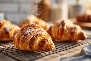 Golden croissants cooling on rack, a Food & Drink Photo by AlyaAnd