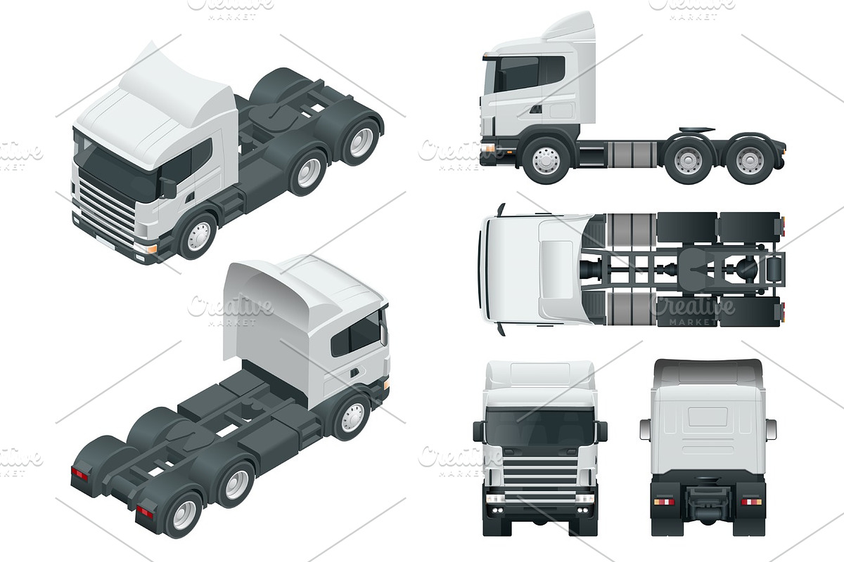 Truck tractor or semi-trailer truck. View front, rear, side, top and ...