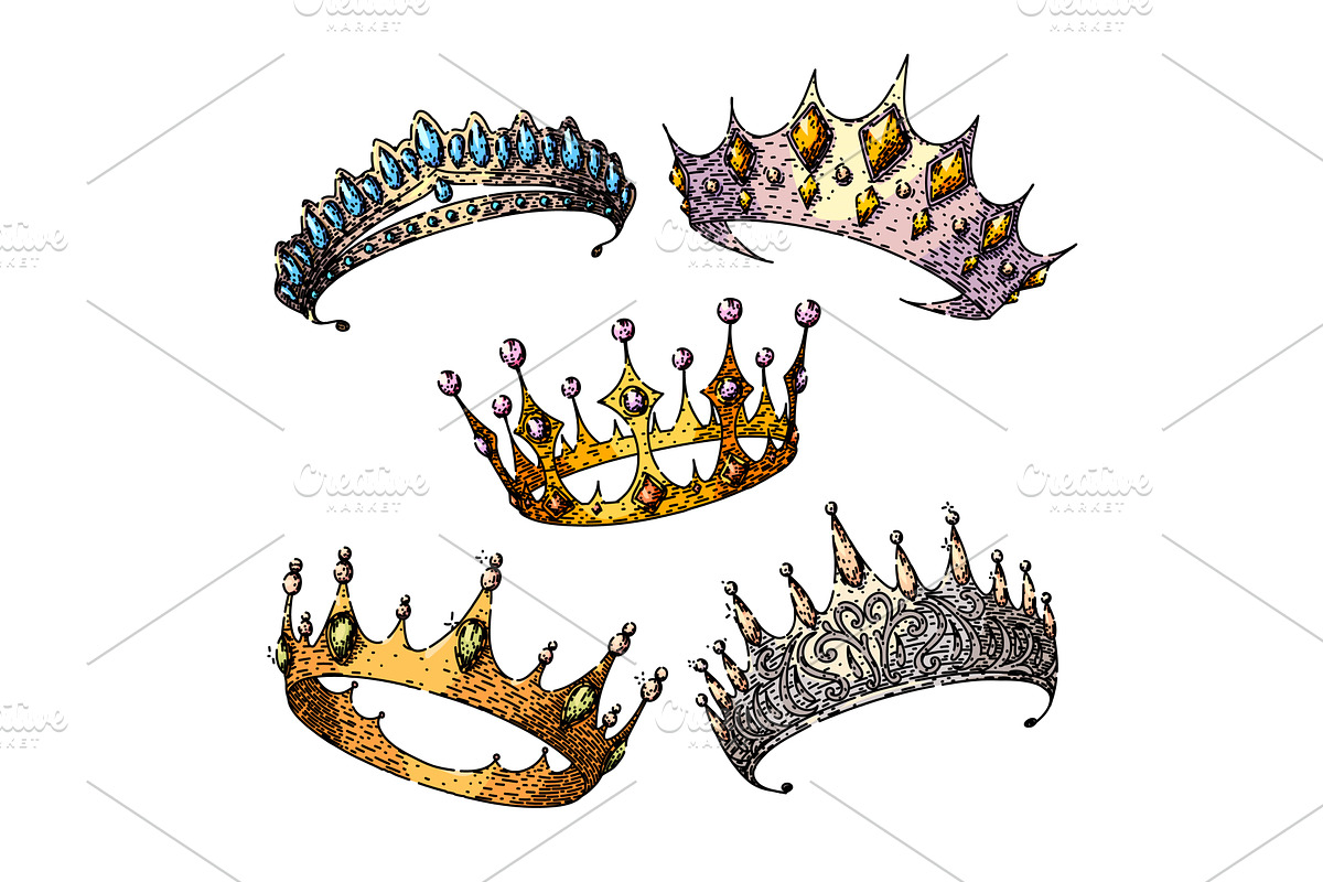 crown queen set sketch hand drawn, an Object Illustration by pikepicture