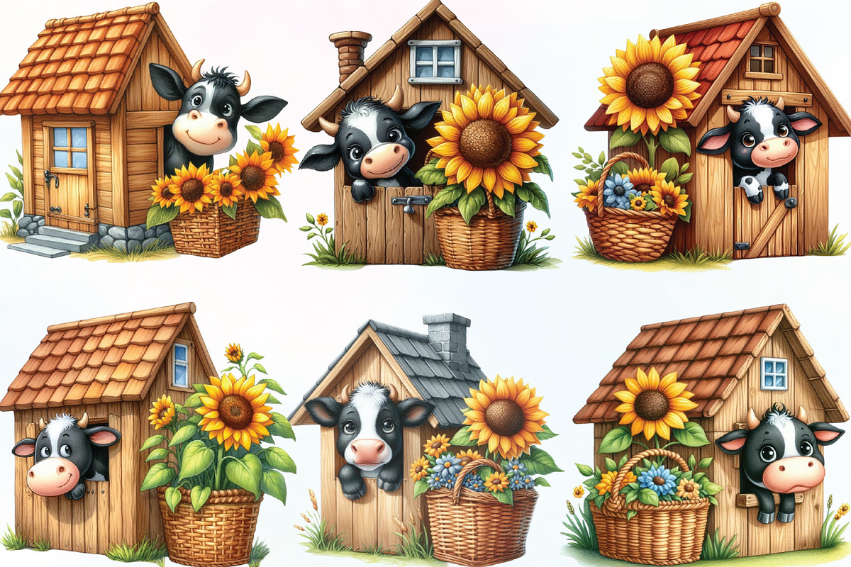Watercolor Black Cow Peeking House, an Illustration by CraftArtStudio (Photo 3 of 6)