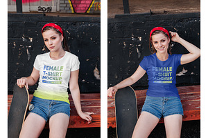 Female T-Shirt In City PSD Mockups